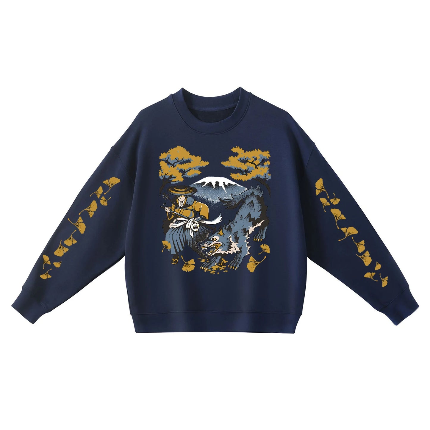 Ghost of Yotei Navy Blue Sweatshirt - Atsu, Wolf & Mount Fuji