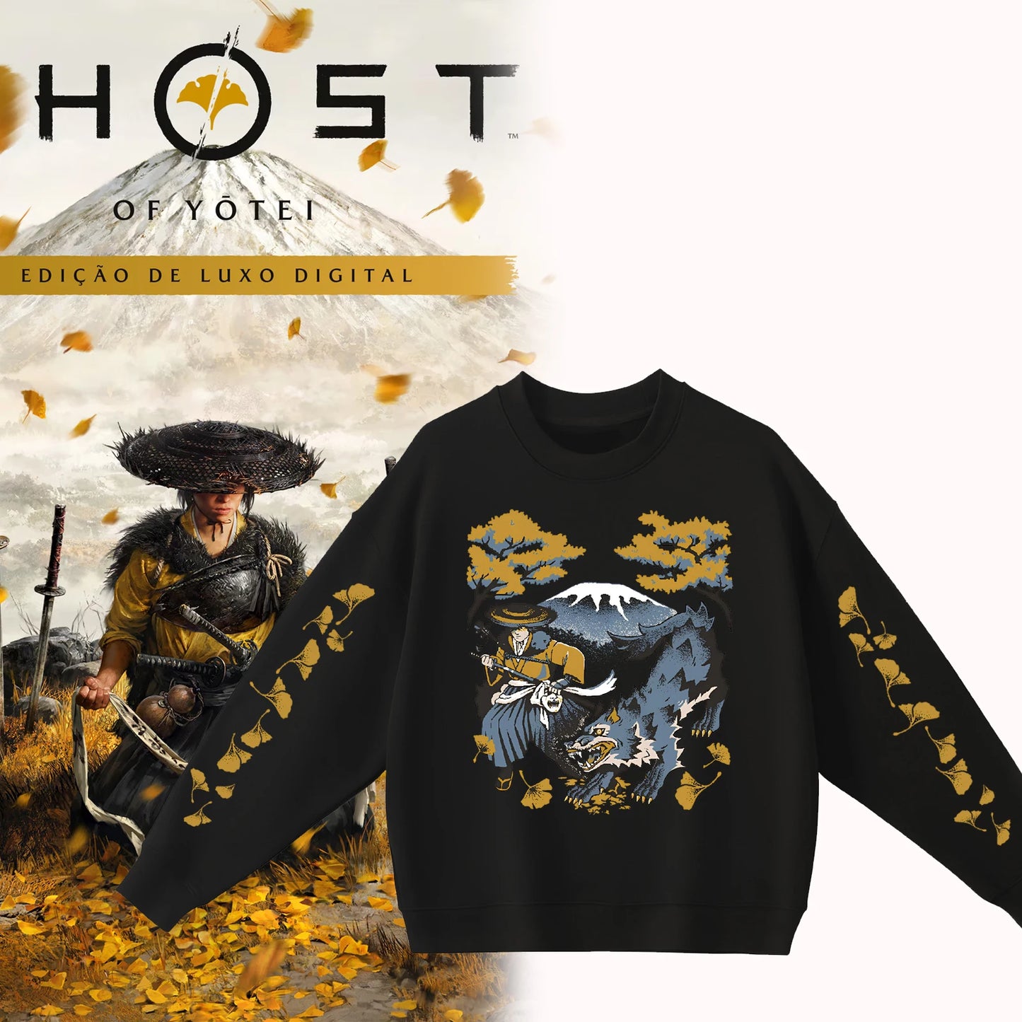 Ghost of Yotei White Sweatshirt - Atsu, Wolf & Mount Fuji