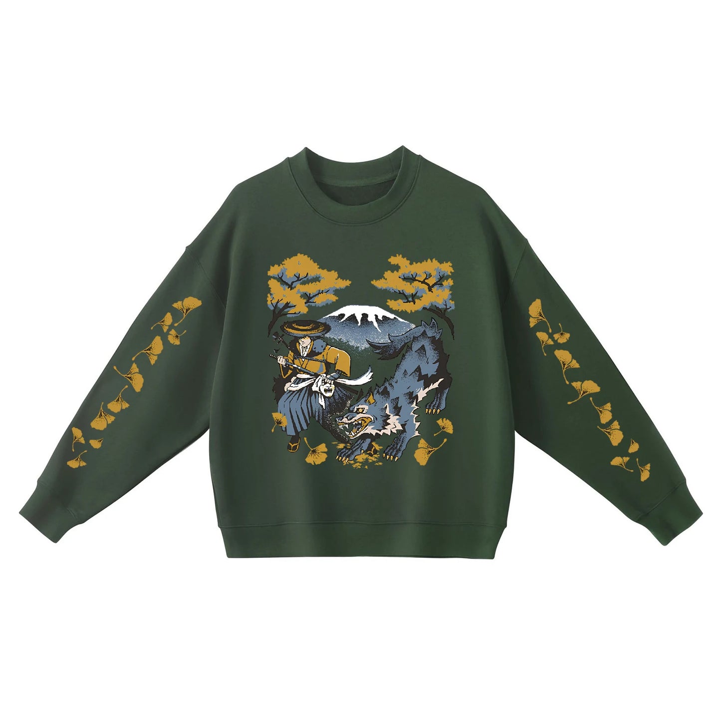 Ghost of Yotei Green Sweatshirt - Atsu, Wolf & Mount Fuji