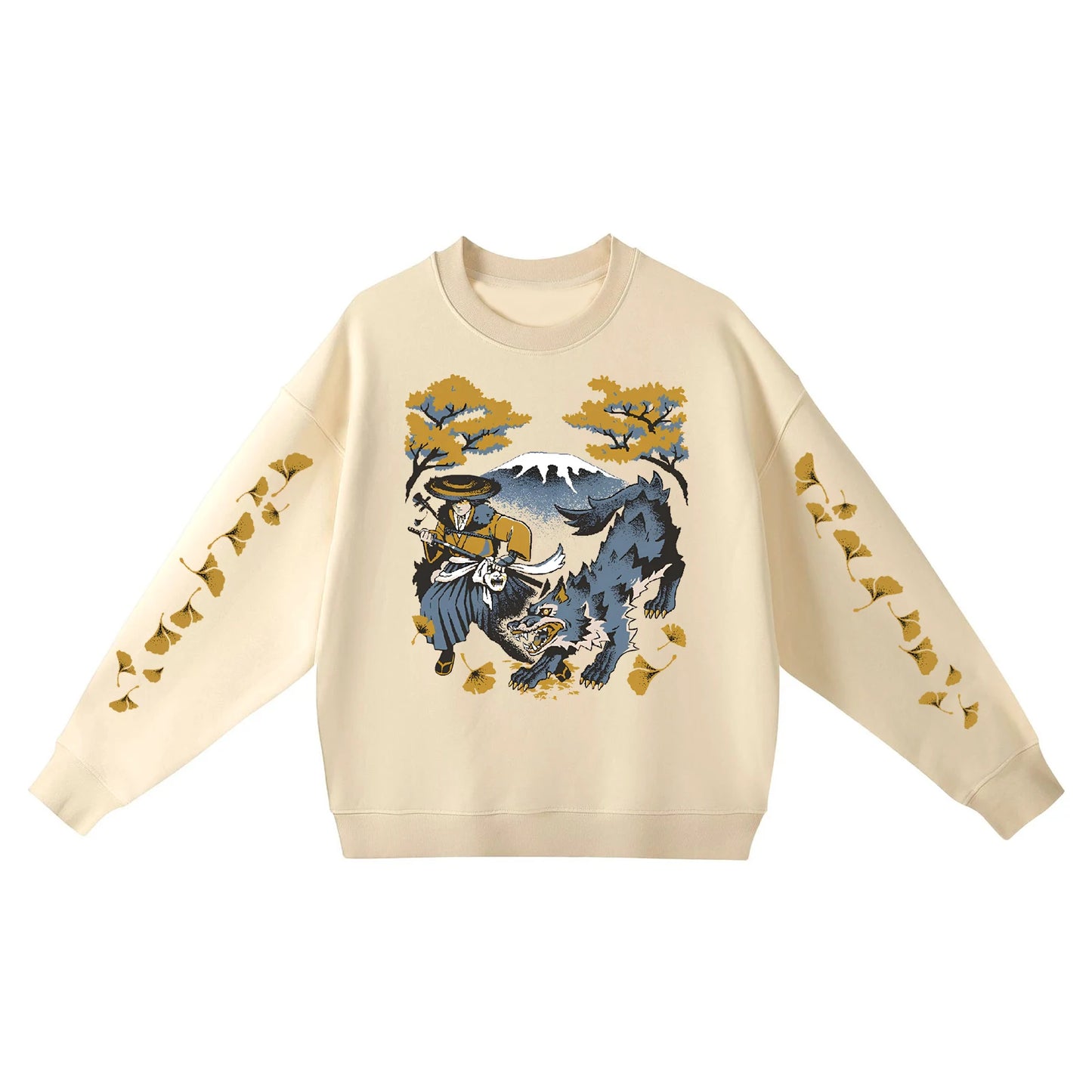 Ghost of Yotei Beige Sweatshirt - Atsu, Wolf & Mount Fuji