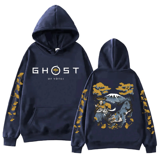 Ghost of Yotei Navy Blue Hoodie - Atsu, Wolf & Mount Yotei