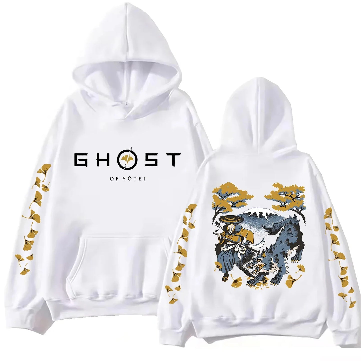 Ghost of Yotei White Hoodie - Atsu, Wolf & Mount Yotei