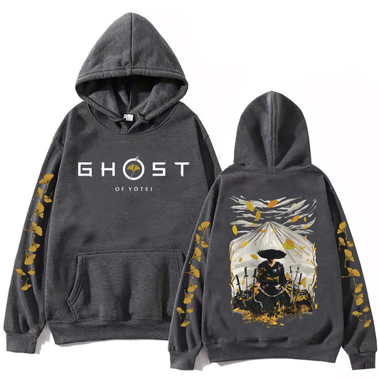 Ghost of Yotei Dark Gray Hoodie - Atsu & Mount Fuji