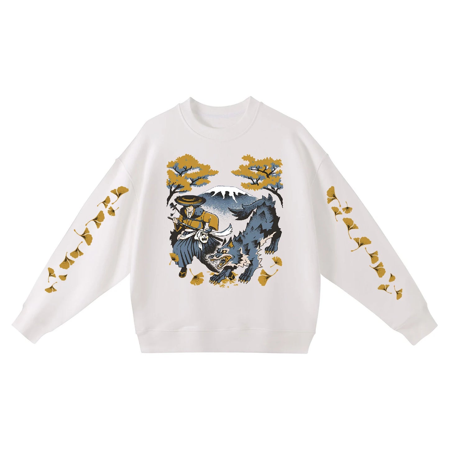 Ghost of Yotei White Sweatshirt - Atsu, Wolf & Mount Fuji