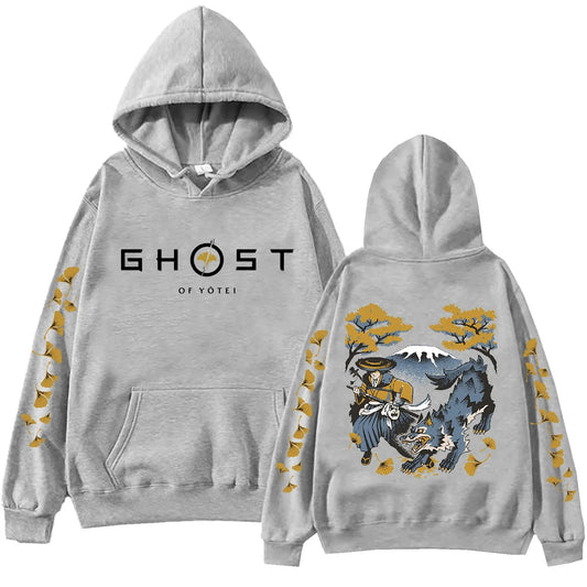 Ghost of Yotei Gray Hoodie - Atsu, Wolf & Mount Yotei