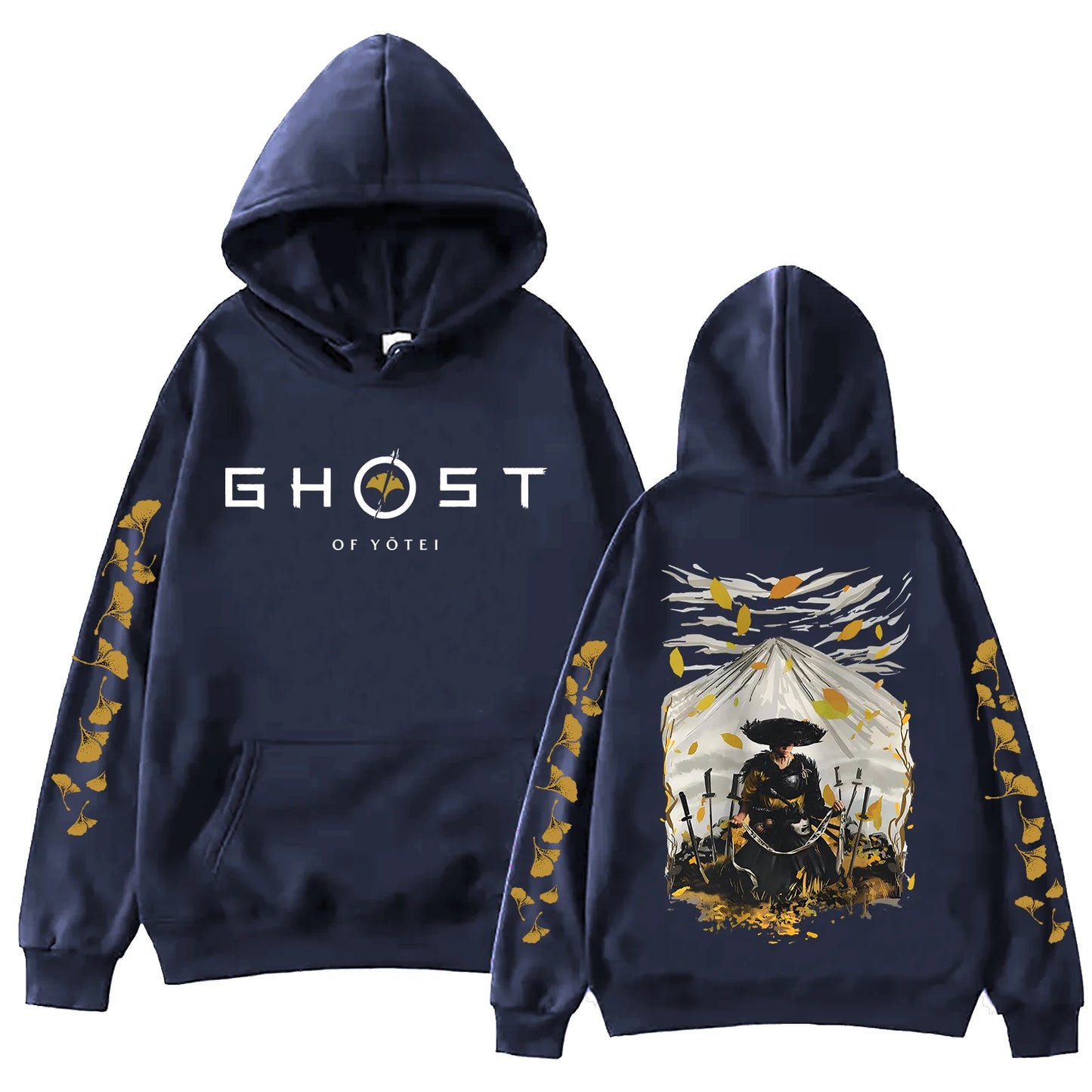 Ghost of Yotei Navy Blue Hoodie - Atsu & Mount Fuji