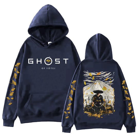 Ghost of Yotei Navy Blue Hoodie - Atsu & Mount Fuji